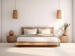 © Iryna - Modern beige bedroom with empty whate wall for mockups. Wooden double bed with pillows, cozy furniture. Room interior with copyspace.