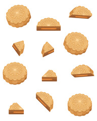 Set of whole, half, a quarter of mooncakes. Mid Autumn Festival moon cake clipart.