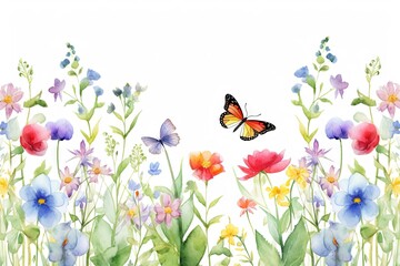  Fleurs, feuilles, plantes et papillons volants multicolores abstraits sans couture. Vecteurs de motif isolés sur fond blanc, illustration panoramique prairie d'été. IA générative, générative, IA.