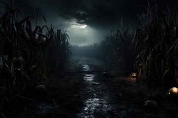 Wall Mural - spooky scene of a empty corn field by night. Halloween background. 