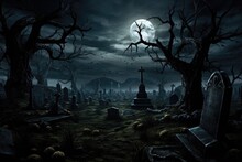 Spooky Graveyard By Night. Halloween Background. 