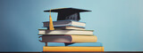 Fototapeta  - Books with academic hat on light blue background. The concept of learning, studying and graduation.
