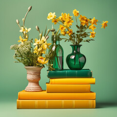 Wall Mural - Aesthetic composition of books with fresh flowers on a pastel light green and yellow background. Education and knowledge  concept. For book lovers.