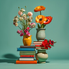 Wall Mural - Aesthetic composition of books with fresh flowers on a pastel light green and yellow background. Education and knowledge  concept. For book lovers.