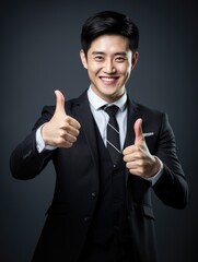 Malay business man stretching hand at camera in thumbs up greeting gesture, studio background