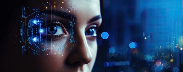 Wall Mural - Close up female eyes as a biometrics eye scanning photorealistic futuristic digital cyber technology colourful facial recognition, dark background