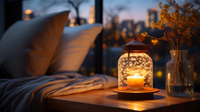 Nighttime Comfort Of Nightstand With Candlelight In Cozy Hotel Ambiance. Generative AI