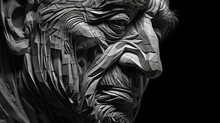 The Head Of An Old Man Made Of Stone. Profile Of An Elderly Man With A Mustache And Beard. Surreal Art. Illustration For Banner, Cover, Brochure, Presentation.