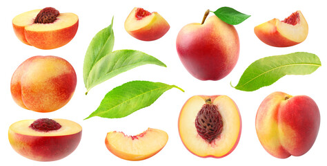 Leinwandbilder - Collection of whole and cut nectarine peach fruits and leaves cutout