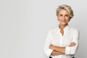 mature business woman smiling confident with arms crossed looking like a corporate senior manager or