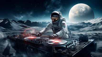 astronaut dj throws a party on another planet, dj console on the moon, generative ai