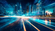 © YM Creative Studio - A modern high-rise building of the future alongside advanced road transport systems incorporating digital data exchange. Rapid light trails left by swiftly moving cars, Generative AI