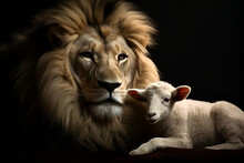 Lion And The Lamb Together On Black Background, Generative AI