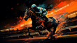 A digital illustration depicting a nighttime horse race, showcasing a thoroughbred horse and its jockey in action. Generative AI 