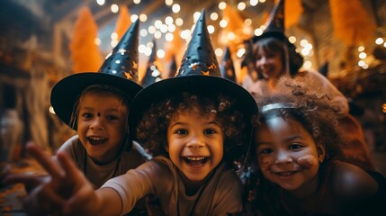 Diverse little kids with Halloween costumes taking selfie on a halloween party.