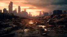 An Ultra-realistic Photograph Of A Post-apocalyptic Cityscape With Demolished Structures In The Background. Generative AI