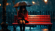 sad girl sitting in the park in the rain, depressed and sad. Generative AI