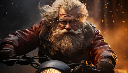 Close-up portrait of a brutal man with a beard on a motorcycle