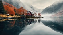 Red Cottage Near Lake, Lake House, Stunning Scenery Of Lake With Misty Mountains Background.