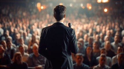 Rear view of motivational speaker standing on stage in front of audience for motivation speech on business event.