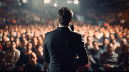 Rear view of motivational speaker standing on stage in front of audience for motivation speech on business event.