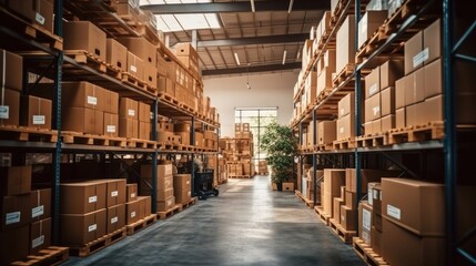 Aufkleber - Warehouse or storage and shelves with cardboard boxes, Industrial background, Logistic business transport warehouse station.