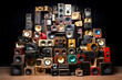 Wall of hi-fi audio speakers. Mid sized audio speakers or monitors stacked up.