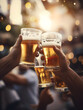 Hand holding glass of beer, brewery, people cheering, cheers, spending a moment together with friends, party, happy moment, nightclub, restaurant, cheering, family