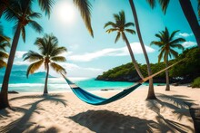 A Hammock Strung Between Two Palm Trees, Overlooking A Sandy Beach And Ocean 