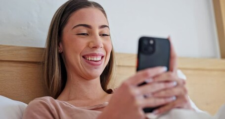 Sticker - Woman, phone and texting with laugh in bed, comic meme and post on web blog in morning on vacation. Girl, smartphone and bedroom to watch funny video, movie or reading notification on social network