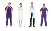 © Mykhailo Shvets - Hand-drawn male and female doctors in white coats. Happy smiling doctors with a stethoscopes. Male and female nurses in uniform. Different color options. Vector flat style illustration set isolated