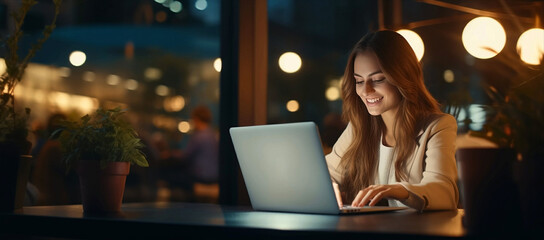 young professional woman working on laptop in the evening