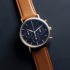 Wall Mural - Beautiful luxury men's watch with a beige leather strap on a dark background.generative ai
