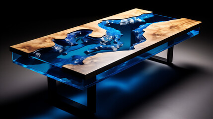 Custom Made Epoxy River Table, Custom Wood Table with Blue Epoxy in the Shape of a Body of Water, Generative AI