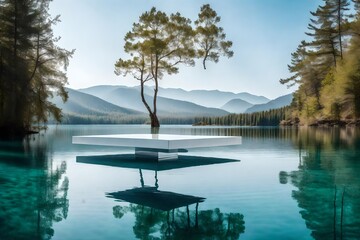 An empty white product podium rests delicately on the surface of crystal-clear water, creating a surreal and captivating scene