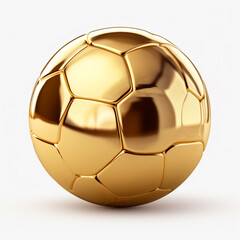 gold soccer ball, 3D realistic, on white background.