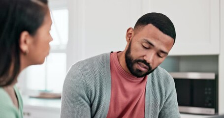 Poster - Laptop, debt and couple in kitchen with mortgage payment documents, bills or audit research. Home finance stress, man and woman in apartment checking bank account, tax invoice or financial paperwork.