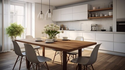 Contemporary white kitchen with wooden table and two chairs