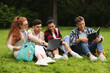 © New Africa - Group of happy young students learning together on green grass in park