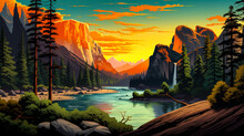Scenic View Of Yosemite National Park During Sunrise In Landscape Comic Style. Digital Illustration Generative AI.