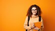 © khwanchai - Young student woman wearing backpack holding book over isolated orange background, learning and educational back to school concept, Generative AI