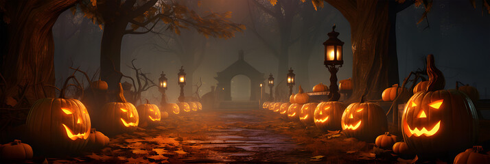 Wall Mural - glowing pumpkins against the backdrop of a spooky forest .halloween party with pumpkins .generative 