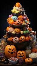Halloween Candy Pyramid With Pumpkins And Candies On Black Background