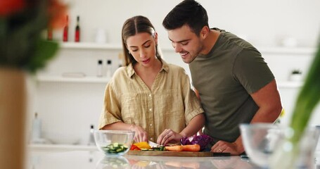 Sticker - Ingredients, cooking and couple in the kitchen together for bonding with gourmet recipe. Happy, smile and young man and woman cutting vegetables for preparing a dinner, supper or lunch meal at home.