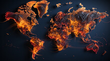 World Map And Fire, Climate Change Concept..