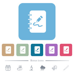 Sticker - Spiral notepad with drawing solid flat icons on color rounded square backgrounds