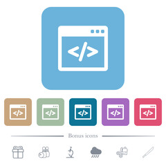 Sticker - Programming code in software window flat icons on color rounded square backgrounds