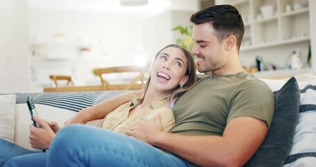 Poster - Tablet, happy and couple talking on sofa in living room for online shopping, streaming internet show or movies. Man, woman or scroll on digital tech, social media or download subscription app at home