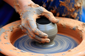 Person hands shaping a small clay pot on a pottery wheel. The hands are covered in wet clay and are gently shaping the pot