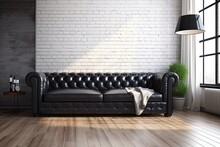 Living Room With A Black Leather Sofa, Oak Floors, And A White Brick Wall. Generative AI